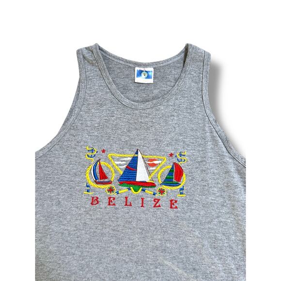 Vintage 90s Belize Sailboat Tank Top Gray Embroidered Cool Souvenir Unisex Large - Picture 5 of 10